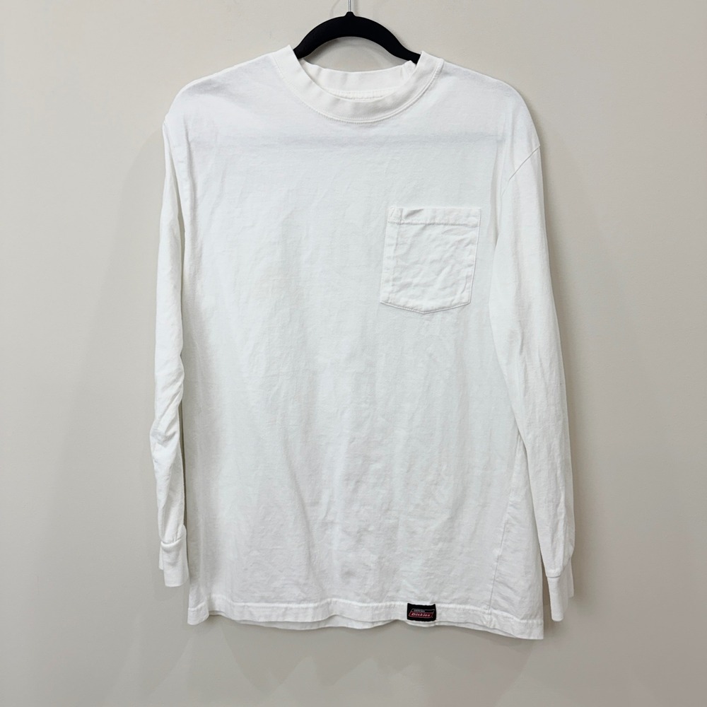 Dickies Men Medium Long Sleeve Pocket Tee White Cotton Work Shirt Classic Street